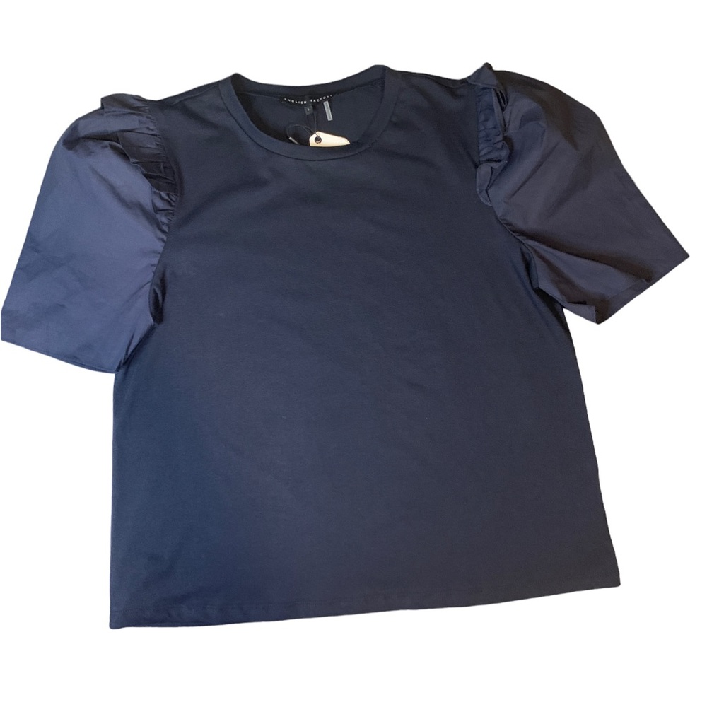 Navy Puff Sleeve Crewneck Top